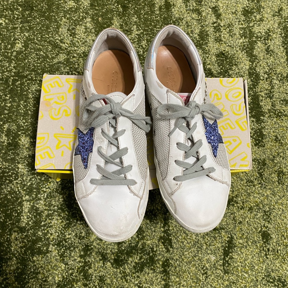 Golden goose superstar net glitter sneaker womens size 40 silver white blue